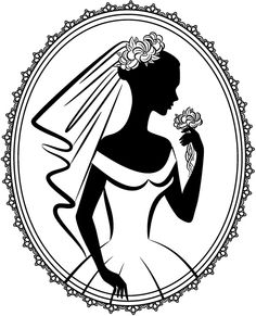 a black and white silhouette of a bride with a flower in her hand, holding a veil