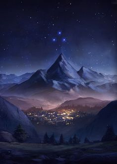 the night sky is lit up with stars and mountains in the foreground, as well as city lights