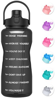 a water bottle with the words good morning on it and four different colors in each