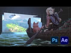 an animated video game scene with a man in a boat and a dog on the water