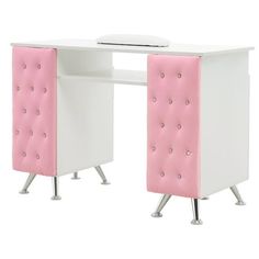 a pink and white desk with two drawers on each side, one drawer open to the other