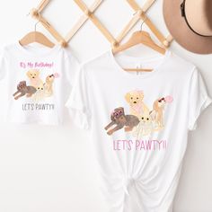 two t - shirts that say let's pawty and dog on the front