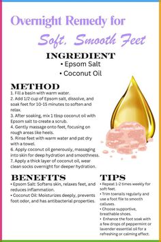 Tired of rough, dry feet? Try this easy overnight remedy to wake up with soft, smooth feet. Ideal for college girls seeking quick and effective foot care solutions.

Give this remedy a try tonight and wake up with soft, smooth feet! Share your foot care success with us!

#softfeetsselfcare #epsomsaltsoak #coconutoilmagic #footexfoliation #pamperingnight Smooth Feet Remedies, Feet Care Tips, Feet Care Routine, Soft Feet Remedy, Dry Feet Remedies, Overnight Remedies, Feet Remedies, Text Abbreviations, Diy Foot Soak