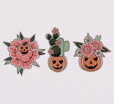 three pumpkins with flowers and cacti on them, one has a cactus