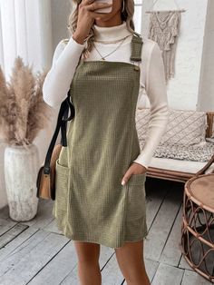 Women's Casual Autumn Jumper Dress With Dual Pockets And Suspender Design Green Casual  Sleeveless Knitted Fabric Plain Pinafore Slight Stretch  Women Clothing, size features are:Bust: ,Length: ,Sleeve Length: Sleeveless Dresses Casual, Mini Robes, Cozy Chic, Vestido Casual, Overall Dress, Inspiration Mode, Pocket Dress, Strap Dress, Wide Straps