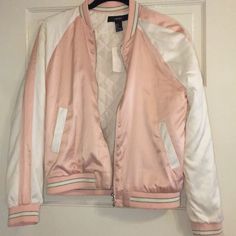 Forever 21 Satin Letterman/ Sports Jacket Light Pink And White Silver Detail Size Small New With Tags Never Worn. There Are Two Small Light Dirty Spots On The Cuff And Bottom I Got In The Picture I’m Pretty Sure Can Be Washed Out But I Haven’t Tried Cause The Tags Are Still Attached. Very Nice Quality. Price On This Is Firm Spring Sporty Varsity Jacket, Pink Sporty Varsity Jacket For Spring, Sporty Pink Varsity Jacket For Spring, Forever 21 Sporty Long Sleeve Outerwear, Casual Pink Outerwear From Forever 21, Casual Pink Outerwear By Forever 21, Sporty Spring Outerwear From Forever 21, Red Peacoat, Fur Jean Jacket