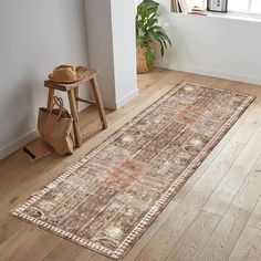 an area rug is on the floor next to a wooden stool