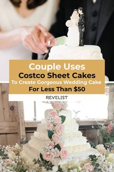 couple uses costco sheet cakes to create gorgeous wedding cake for less than $ 50