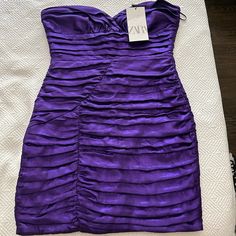 Nwt In Perfect Condition Purple Mini Dress Summer Formal Purple Bodycon Dress, Purple Bodycon Dress For Summer Formal, Lined Sheath Mini Dress For Cocktail, Purple Sheath Dress For Night Out, Fitted Purple Pleated Mini Dress, Elegant Purple Pleated Mini Dress, Purple Lined Dress For Date Night, Formal Fitted Purple Strapless Dress, Purple Fitted Mini Dress With Lining