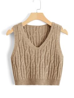 Cable Knit Sweater Vest Mocha Brown Casual   Fabric Plain  Non-Stretch Spring/Fall Women Clothing, size features are:Bust: ,Length: ,Sleeve Length: Sleeveless Sweater Cardigan, Knitted Sweater Vest, Weekend Festival, Sleeveless Sweater Vest, Sweater Vests, Slim Sweater, Sweater Vest Women, Spring Fabric, Casual Stylish