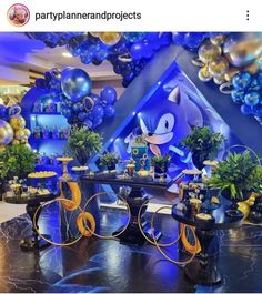 an image of a party with balloons and decorations in the shape of sonic the hedgehog