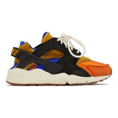 New Nike Multicolor Air Huarache Sneakers / Size 8 / Blue Orange Mustard Black Item Info Low-Top Jersey Knit Sneakers Colorblocked In Orange, Yellow, And Blue. Suede And Rubber Overlay In Black. Perforated Detailing At Vamp Lace-Up Closure Logo Patch At Padded Tongue Padded Collar Logo Bonded At Heel Jersey Lining Logo Embossed At Phylon Foam Rubber Midsole Treaded Rubber Outsole Supplier Color: Goldtone/Black-Coconut Milk Upper: Leather, Synthetic, Textile. Sole: Rubber. Made In China. Never Wo Orange Running Shoes With Vibram Sole For Streetwear, Casual Orange Running Shoes With Laces, Casual Orange Running Shoes, Nike Orange Sneakers With Vibram Sole, Casual Orange Running Shoes For Streetwear, Sporty Orange Sneakers With Vibram Sole, Casual Orange Running Sneakers, Casual Nike Huaraches, Casual Orange Running Shoes With Vibram Sole