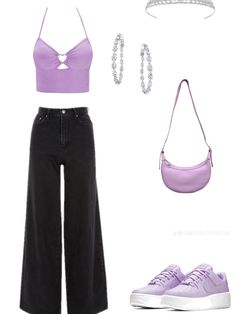 a purple top, black pants and white sneakers are featured in this fashion lookbook