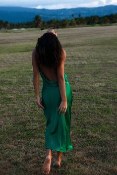 Cowl Back Dress, Undone Hair, Gigi Dress, Emerald Dress, Letting Your Guard Down, Rat And Boa, Emerald Dresses, Minimal Accessories, Satin Midi Dress