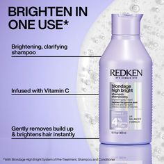 10.1 oz Blonde brightening shampoo for a lighter, illuminous blonde Level 7 -10 Blondes are prone to losing lightness and brightness from build-up and impurities in the weeks between salon visits. The Blondage High Bright Shampoo is step 2 in the full High Bright regimen, a new blonde haircare system powered by Vitamin C and Redken's Brightening Care Complex. This system washes away build-up and impurities in hair, brightening dulled, darkened or mattified blonde hair. The shampoo can be used wi Brighten Hair, Brighter Blonde, How To Darken Hair, Wishlist 2022, Brassy Hair, Bday Wishlist, Redken Hair Products, Covering Gray Hair, Hair Quiz