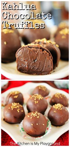 chocolate truffles with gold sprinkles on top and in the middle