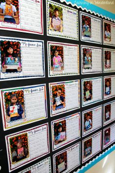 a bulletin board with pictures of children and their names on it in front of a white wall