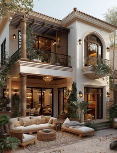 an outdoor living area with couches and tables in front of a large white house