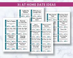 the printable wedding program is displayed on a marble background with text that reads 31 at home date ideas