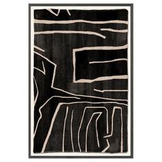 an abstract black and white painting with lines on it's sides, in the middle of