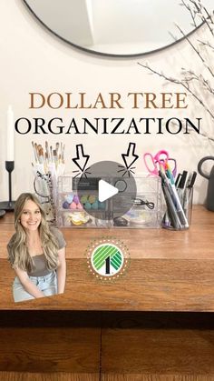 a woman sitting at a desk with dollar tree organization