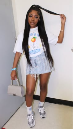 Designer Outfit Ideas Black Women, Offwhite Outfits For Black Women, Grad Bash Fits, Craft 5s Outfit, Jean Skirt And Graphic Tee Outfit, Designer Outfit Black Women, Cute Vacation Outfits Baddie, Casa Blanca Outfit Black Women, Senior First Day Of School Outfit Black