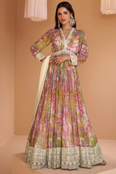 Multicolor Printed Georgette Anarkali Gown at PinkPhulkari California Sequin Anarkali, Sharara Suit Pakistani, Phulkari Pants, Lucknowi Kurta, Party Wear Salwar Kameez, Gharara Suits, Party Wear Salwar, Patiala Salwar Suits, Georgette Anarkali