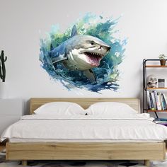 a shark with its mouth open and water splashing on it's face is shown in this bedroom scene