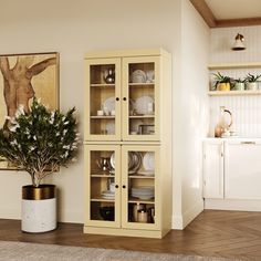 a cabinet with glass doors in a kitchen next to a potted plant and pictures on the wall