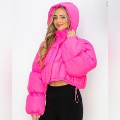 New! Cropped Hoodies Available In Tan, Black, & Hot Pink Cheap Pink Outerwear For Playtime, Cheap Playful Pink Outerwear, Cheap Pink Fleece-lined Outerwear, Cheap Pink Outerwear With Adjustable Hood, Hot Pink Cropped Puffer Jacket, Cheap Pink Outerwear With Fleece Lining, Hot Pink Puff Jacket, Suede Jacket Women, Pink Puffer Coat