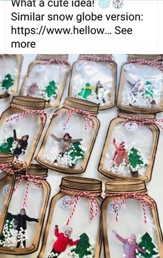 some glass jars filled with miniature snow globes