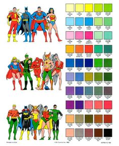 the color chart for batman and supermangirl's costumes is shown in this image