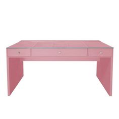 a pink desk with mirrored top and drawers on the bottom, in front of a white background