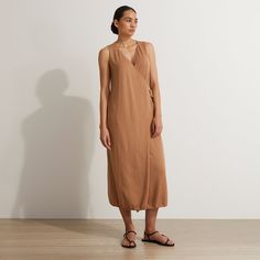 Sofia Knitted Wrap Dress in Camel Brown Viscose Midi Dress For Summer, Chic Wrap Linen Beach Dress, Beige Wrap Dress For Beach, Chic Brown Linen Dress, Elegant Wrap Linen Beach Dress, Beige Wrap Maxi Dress For Spring, Knit Wrap Dress, Knit Wrap, Mom Style