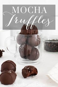 chocolate truffles in a glass mug with text overlay that reads mocha truffles