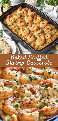 baked stuffed shrimp casserole in a blue dish with parsley on the side