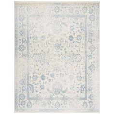 a white rug with blue accents on the top and bottom, in front of a white background