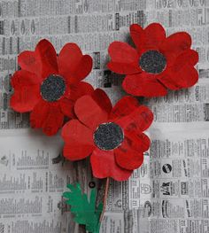 two red flowers are placed on top of newspaper paper with green stems in the middle