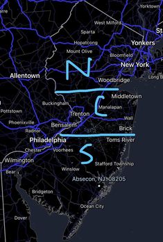 a map showing the location of new york and other major cities in blue on a black background