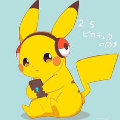 the pikachu is sitting down and looking at his cell phone while wearing headphones