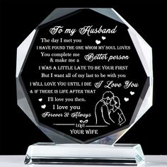 PRICES MAY VARY. 💕Husband Gifts from Wife - Are you looking for the perfect gifts for your husband? Whether you’re buying birthday gifts for husband, husband anniversary gift, wedding anniversary gifts for him, father's day gift for husband, Christmas gifts for husband, or just because. Engraved glass keepsake gifts will be a perfect choice! 💕Gifts for Men Husband Gifts for Many Occasions - Romantic gift for husband on Christmas, Anniversary, Wedding, Birthday, New year, Father's day, Valentin My Husband Birthday, Wedding Gifts For Husband, Anniversary Wedding Gifts, Romantic Gifts For Husband, Husband Birthday Gift, Husband Gifts, Love Your Wife, Keepsake Gifts, To My Husband