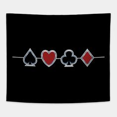 three hearts and two spades playing card suits on black background with white line art