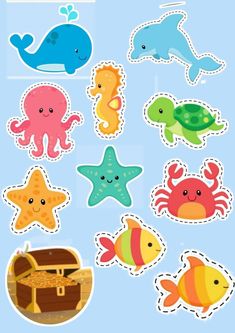 an assortment of sea animals stickers on a blue background