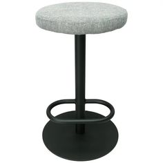 an upholstered stool with a black base and grey fabric on the backrest