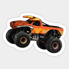 an orange monster truck with big tires on it's front and rear wheels sticker