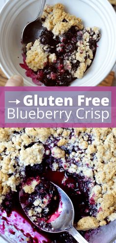 blueberry crumble pie in a white bowl with a spoon on the side and text overlay that reads gluten free blueberry crisp