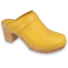 Are you looking for quality high heel clogs? YELLO Klogga - stylish and elegant Swedish clogs from quality real leather on wooden high heel soles YELLO clogs are made from quality real leather. This clog is a perfect blend of comfort and style. It offers optimal support and a timeless look. YELLO clogs are also lightweight due to their poplar wood soles. The yellow colour is vivid and attractive. YELLO clogs are in classic style so you can wear them with any outfit. They are suitable for casual Wooden Clogs With Stacked Heel And Round Toe, Yellow Platform Clogs For Summer, Yellow Rubber Sole Clogs For Spring, Yellow Clogs With Rubber Sole For Spring, Wooden Closed Toe Clogs With Stacked Heel, Wooden Clogs With Stacked Heel And Closed Toe, Yellow Leather Closed Toe Mules, Yellow Closed Toe Heels With Leather Sole, Clogs With Rubber Sole And Round Toe