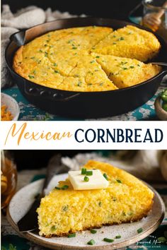 mexican cornbread casserole in a cast iron skillet and topped with cheese