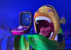 an animated character with his mouth open, holding a jewelry box in front of him