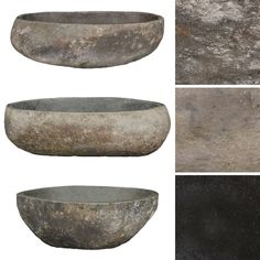 four different types of stone bowls on display